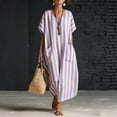 thumbnail image 1 of ClodeEU Women's Striped V Neck Short Sleeve Linen Blend Midi Dress, Casual Loose Swing Sundress with Pockets Purple,Women's Plus XXL, 1 of 7