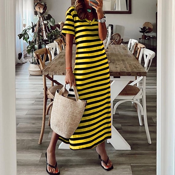 ClodeEU Women's Striped V Neck Short Sleeve Side Split Midi Dress,Soft Knit Casual Summer Dress Yellow,Women's Plus M