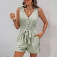 thumbnail image 1 of ClodeEU Women's Striped V Neck Sleeveless Romper with Button, Pockets,Self Tie Waist ,Casual Jumpsuit Shorts for Summer Army Green,Womens Plus S, 1 of 6