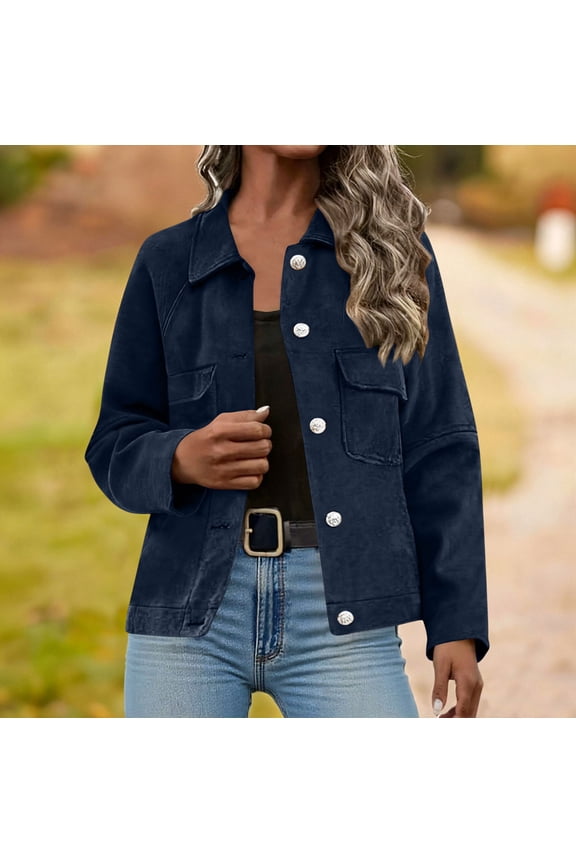 Women's Suede Leather Short Jacket,Vintage Button Down Jacket With Flap Pockets Blue,Womens Plus M