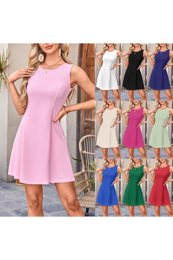 U Women's Summer A-Line Sleeveless Grewneck Mini Dress,Club Party Little Short Fit Dresses Beige,Womens Plus XS