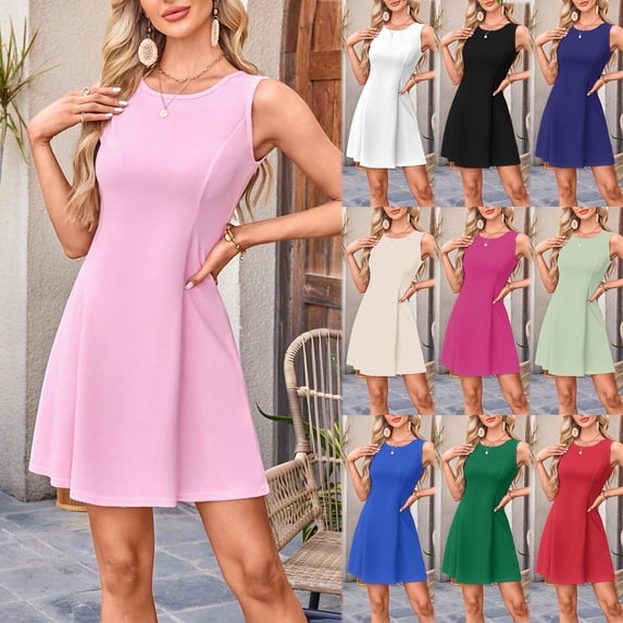 ClodeEU Women's Summer A-Line Sleeveless Grewneck Mini Dress,Club Party Little Short Fit Dresses Red,Womens Plus XS