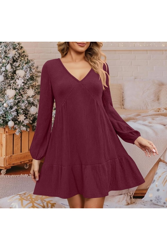 U Women's Summer Beach Long Sleeve Mini Dress ,Casual Deep V Neck Loose Sundress Red,Womens Plus S