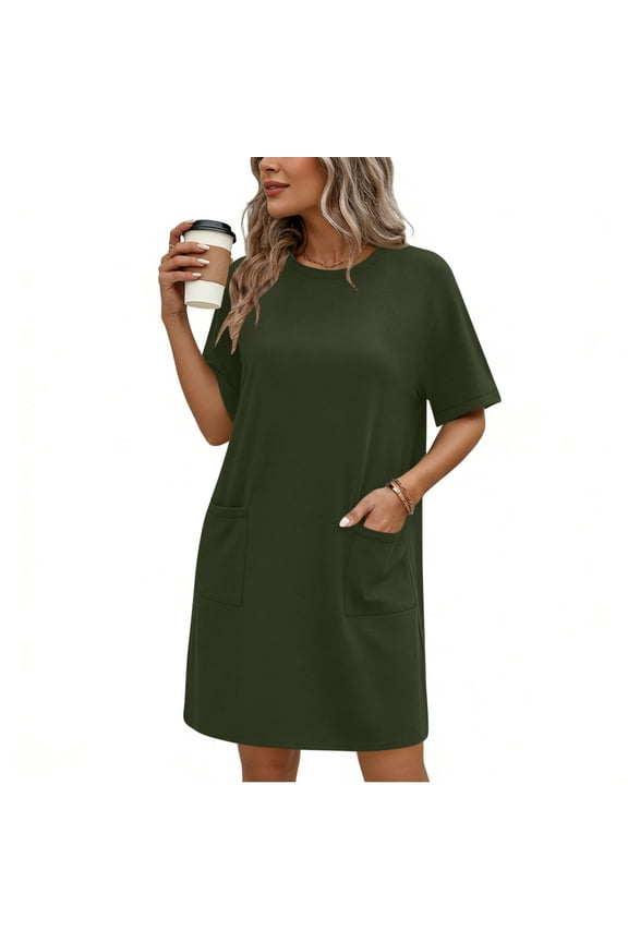 U Women's Summer Crewneck Short Sleeve Dress,Casual Loose Dress Nightshirt with Pockets B-Army Green,Womens Plus M