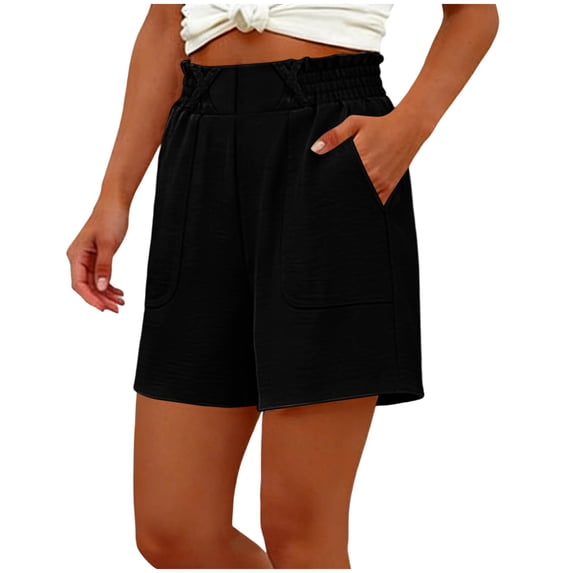 ClodeEU Women's Summer Crinkle Ice Silk Shorts with Pockets,Pleated Elastic Waist Casual Short Black,Womens Plus L