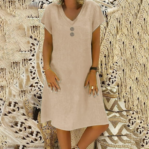 ClodeEU Women's Summer Dress， V-Neck Short Sleeve Solid Color Short Sleeved Dress Khaki,Womens Plus XL
