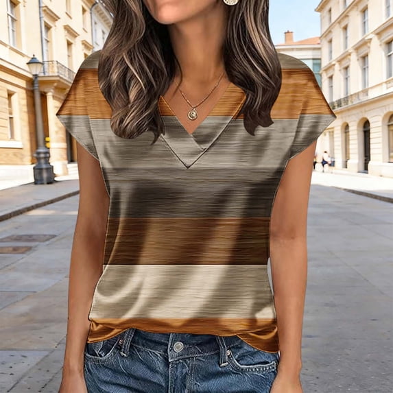 ClodeEU Women's Summer Floral Print V Neck Short Sleeve T Shirt ,Casual Tunic Shirts Coffee 03,Womens Plus S