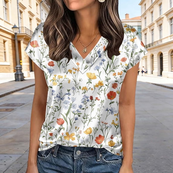 ClodeEU Women's Summer Floral Print V Neck Short Sleeve T Shirt ,Casual Tunic Shirts White 06,Womens Plus XXL