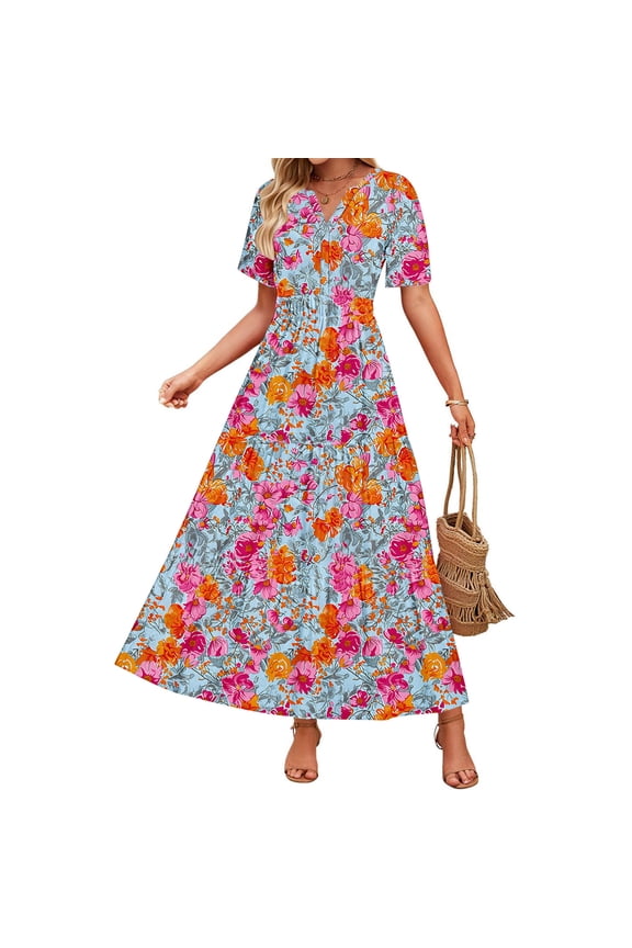 U Women's Summer Flower Print Short Sleeve V Neck, Casual A Line Flowy Tunic Maxi Dresses Hot Pink,Womens Plus XXL