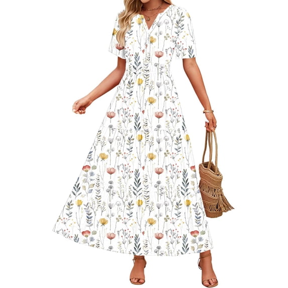 ClodeEU Women's Summer Flower Print Short Sleeve V Neck, Casual A Line Flowy Tunic Maxi Dresses White,Womens Plus M