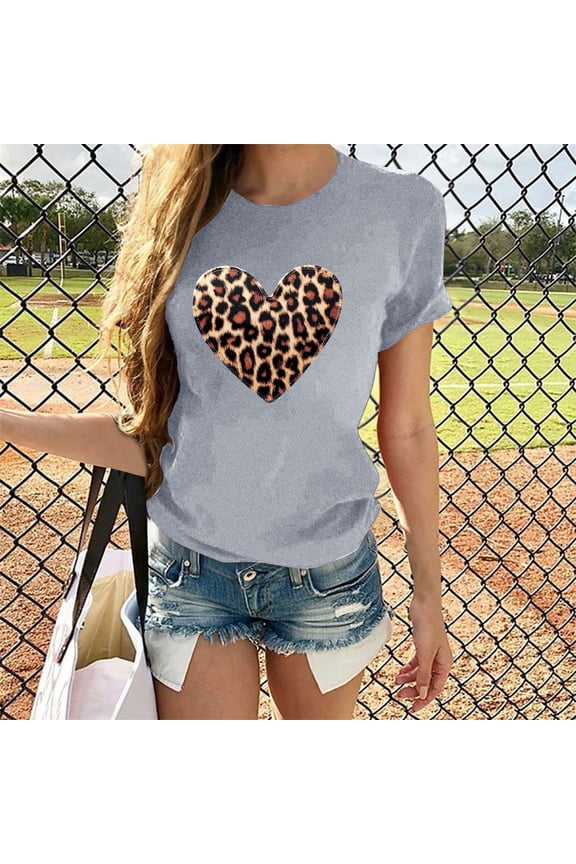 Women's Summer Leopard Print T-Shirt,Casual Trendy Short Sleeve Crew Neck T-Shirts Gray,Womens Plus XXL