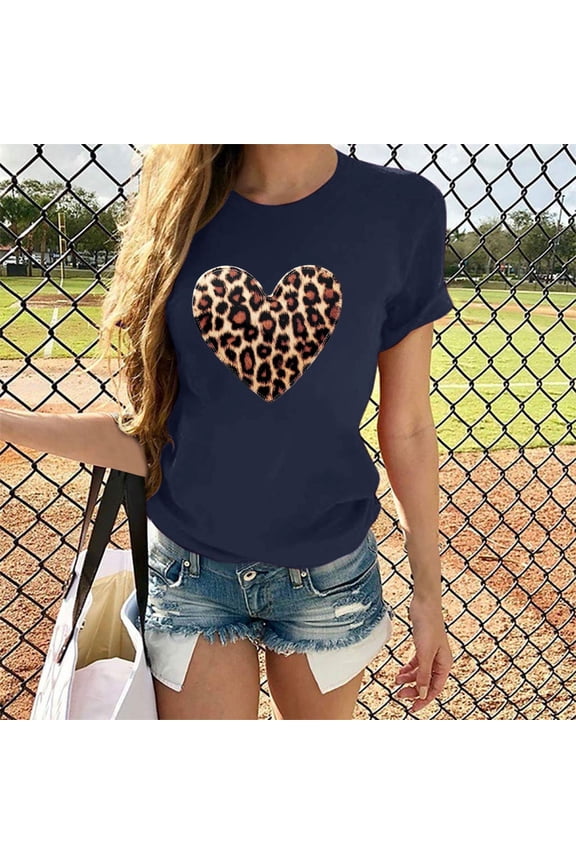Women's Summer Leopard Print T-Shirt,Casual Trendy Short Sleeve Crew Neck T-Shirts Navy,Womens Plus XXL