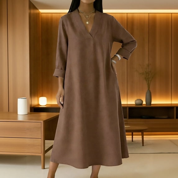 ClodeEU Women's Summer Linen Blend 3/4 Sleeve Dress ,Casual Loose Fit Midi Dress Brown,Womens Plus L