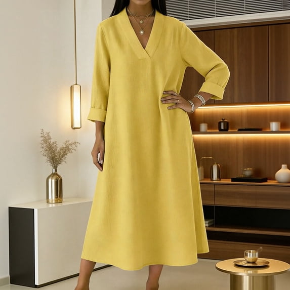 ClodeEU Women's Summer Linen Blend 3/4 Sleeve Dress ,Casual Loose Fit Midi Dress Yellow,Womens Plus L