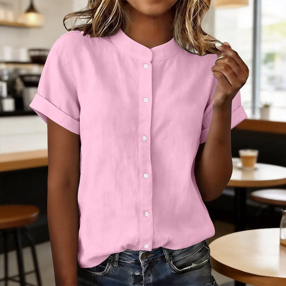 ClodeEU Women's Summer Linen Blend V Neck Short Sleeve Button Blouse ,Solid Color Loose Casual Top Pink,Womens Plus XL
