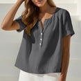 thumbnail image 1 of ClodeEU Women's Summer Linen Blend V Neck Short Sleeve Button Top with Pleated ,Solid Color Casual Blouse Dark Gray,Womens Plus S, 1 of 8