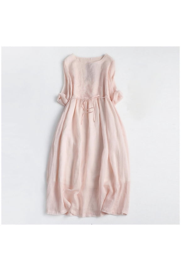 U Women's Summer Linen Cotton Midi Dress,Solid Color Boho Waist Tie Flowy A-Line Dress Pink,Women's Plus XXL
