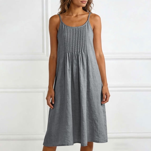 ClodeEU Women's Summer Linen Cotton Solid Color Spaghetti Strap Ruched Midi Dress,Loose Fit Casual Flowy Sundress Dark Gray,Women's Plus L