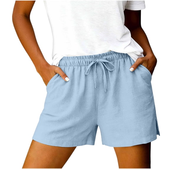 ClodeEU Women's Summer Linen Drawstring Shorts with Side Slit,Casual Cotton Loose Shorts Light Blue,Women's Plus XXL