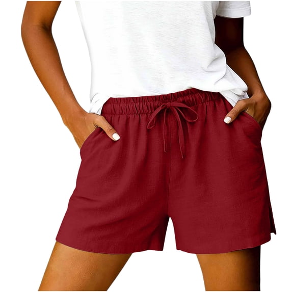 ClodeEU Women's Summer Linen Drawstring Shorts with Side Slit,Casual Cotton Loose Shorts Red,Women's Plus S
