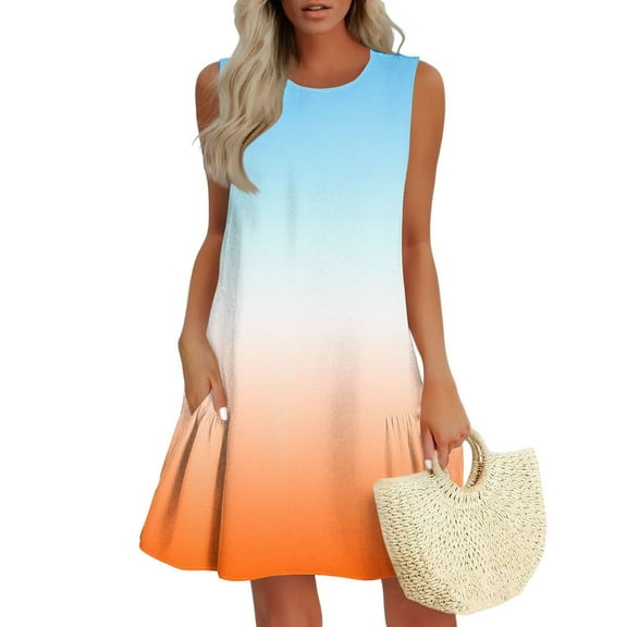 ClodeEU Women's Summer Pleated Round Neck Cute Swing Sleeveless Dress, Floral Print Tank Loose Sundress with Pocket Orange,Womens Plus S