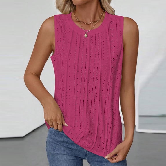 ClodeEU Women's Summer Pleated Sleeveless Crewneck Tank ,Solid Color Casual Top Hot Pink,Womens Plus S