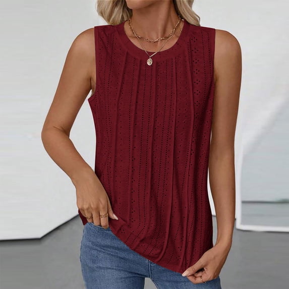 ClodeEU Women's Summer Pleated Sleeveless Crewneck Tank ,Solid Color Casual Top Wine,Womens Plus L