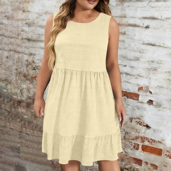 ClodeEU Women's Summer Plus Size Round Neck Sleeveless Dress ,Solid Color Casual Midi Dress Khaki,Womens Plus XXXXXL