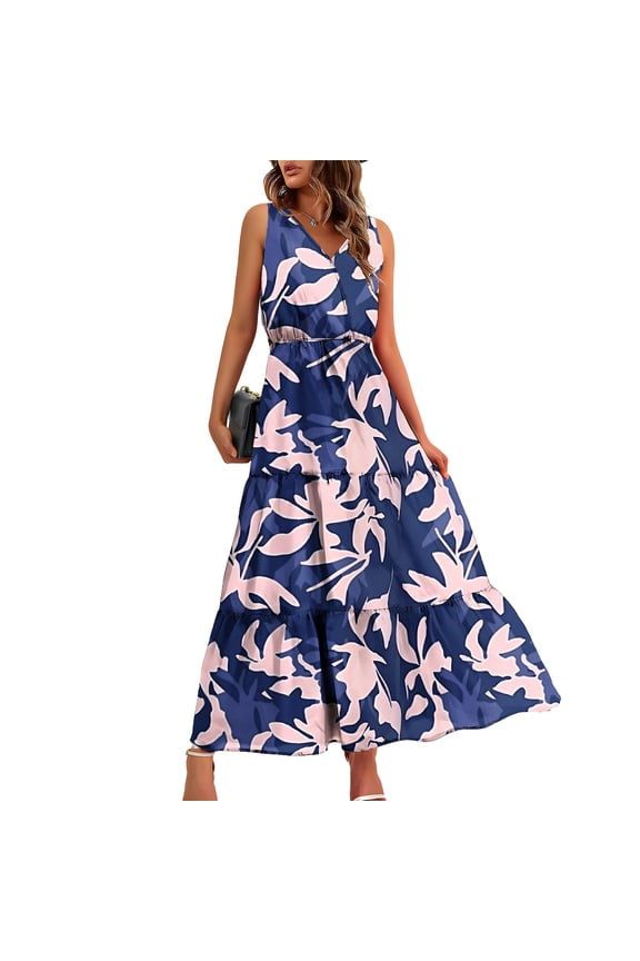 U Women's Summer Print Sleeveless V Neck Dress,Beach Sundress,Tiered Ruffle Flows Midi Dresses Navy,Womens Plus L