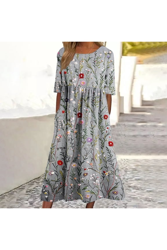 U Women's Summer Printed Pleated Short Sleeve Crewneck Maxi Dress with Pockets ,Casual Long Dress Gray,Womens Plus XXL
