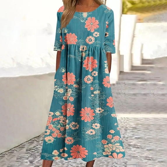 ClodeEU Women's Summer Printed Pleated Short Sleeve Crewneck Maxi Dress with Pockets ,Casual Long Dress Green,Womens Plus L