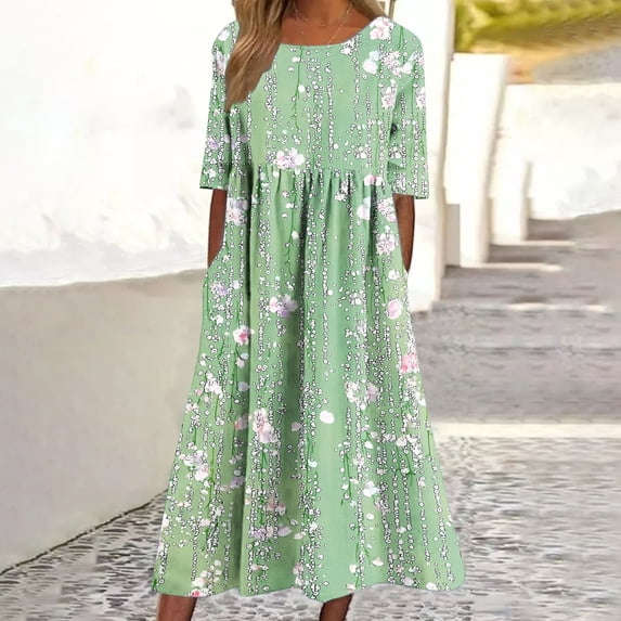 ClodeEU Women's Summer Printed Pleated Short Sleeve Crewneck Maxi Dress with Pockets ,Casual Long Dress Green^,Womens Plus XXXL