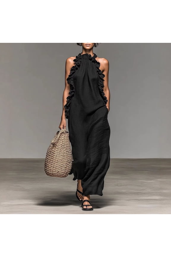 Women's Summer Ruffle Hem Sleeveless Flowy Maxi Dress ,Casual Loose Fit Beach Vacation Dress Black,Women's Plus L