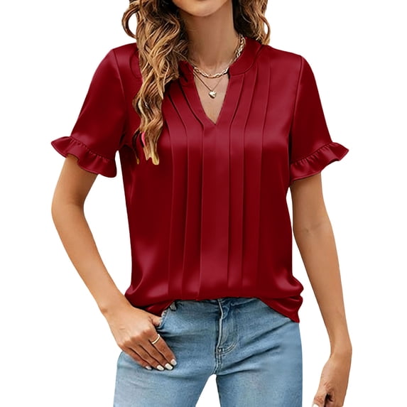 ClodeEU Women's Summer Satin Blouses ,Casual Ruffle Short Sleeve V Neck Business Work Cute Tops Red,Womens Plus XL