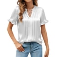 thumbnail image 1 of ClodeEU Women's Summer Satin Blouses ,Casual Ruffle Short Sleeve V Neck Business Work Cute Tops White,Womens Plus XL, 1 of 7