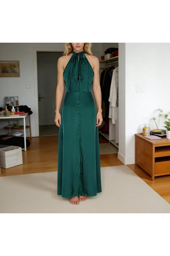 U Women's Summer Satin Halter Neck Backless Slit Midi Dresses ,Elegant Fashion Evening Gown Green,Womens Plus S