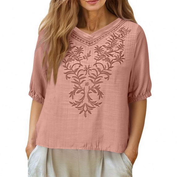 ClodeEU Women's Summer Short Sleeve Round Neck Cotton Linen Shirts,Retro Embroidered Boho Blouse Tops Pink,Womens Plus L