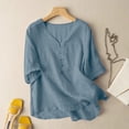 thumbnail image 1 of ClodeEU Women's Summer Short Sleeve V Neck Linen Blouse,Solid Color Breathable Casual Loose Top Blue,Women's Plus XL, 1 of 3
