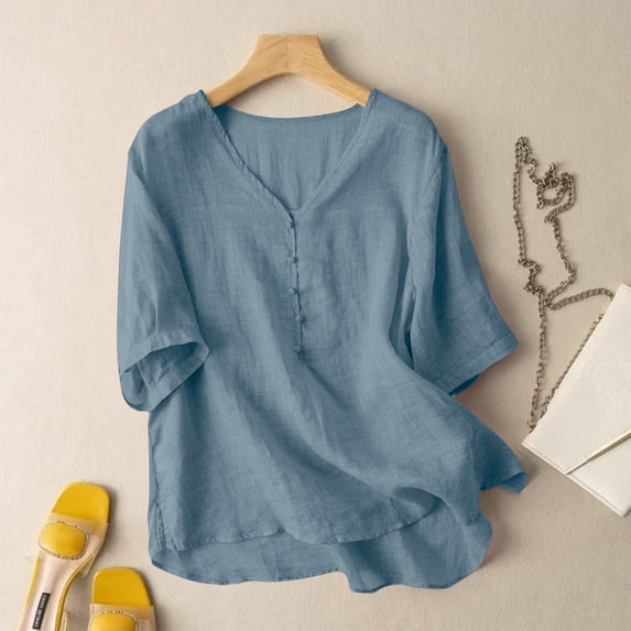 ClodeEU Women's Summer Short Sleeve V Neck Linen Blouse,Solid Color Breathable Casual Loose Top Blue,Women's Plus XL
