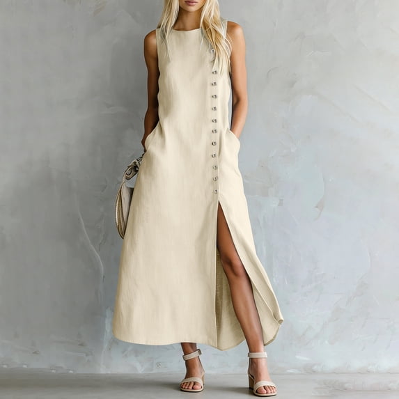 ClodeEU Women's Summer Sleeveless Round Neck Button Down Split Midi Dress, Loose Fit Casual Dress with Pockets Beige,Women's Plus M