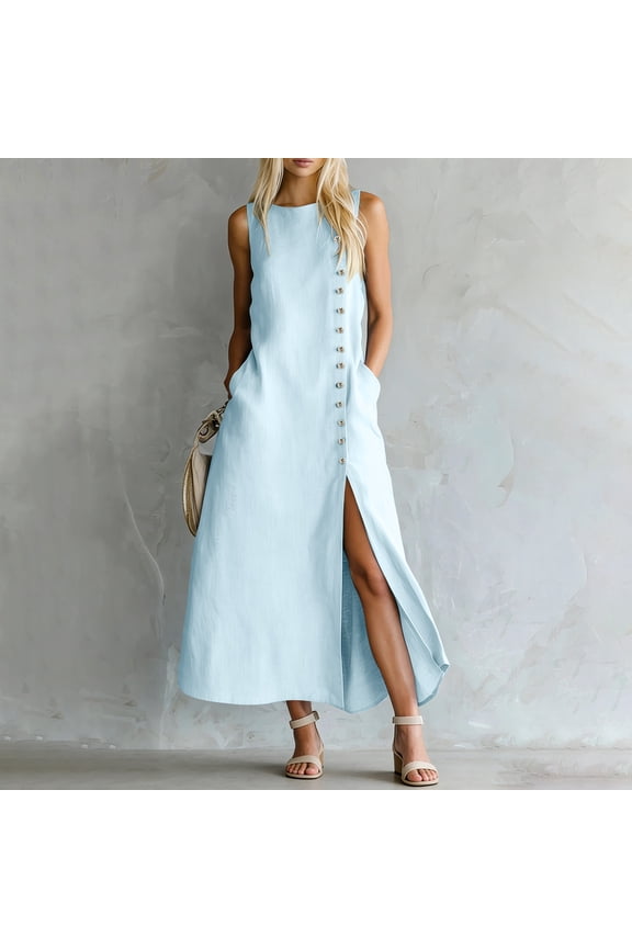 U Women's Summer Sleeveless Round Neck Button Down Split Midi Dress, Loose Fit Casual Dress with Pockets Blue,Women's Plus XXL
