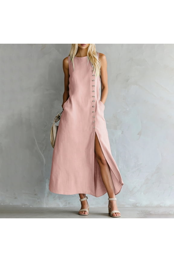 U Women's Summer Sleeveless Round Neck Button Down Split Midi Dress, Loose Fit Casual Dress with Pockets Pink,Women's Plus L
