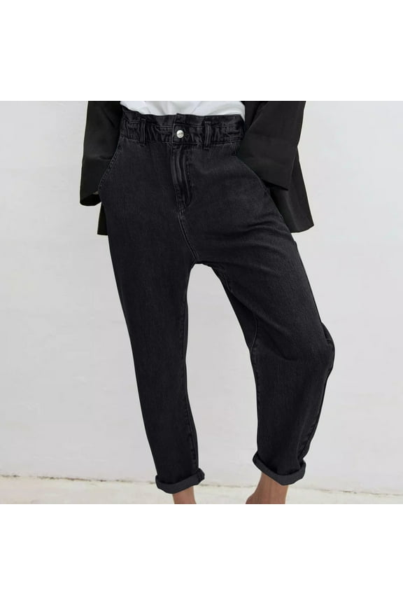 Women's Summer Solid Color Button Fly Wide Leg Jeans ,Elastic Waist with Tapered Cuff Denim Pant Black,Womens Plus S
