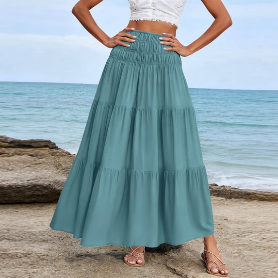 ClodeEU Women's Summer Solid Color High Waist A Line Maxi Skirt,Casual Flowy Pleated Long Skirt Mint Green,Women's Plus XL