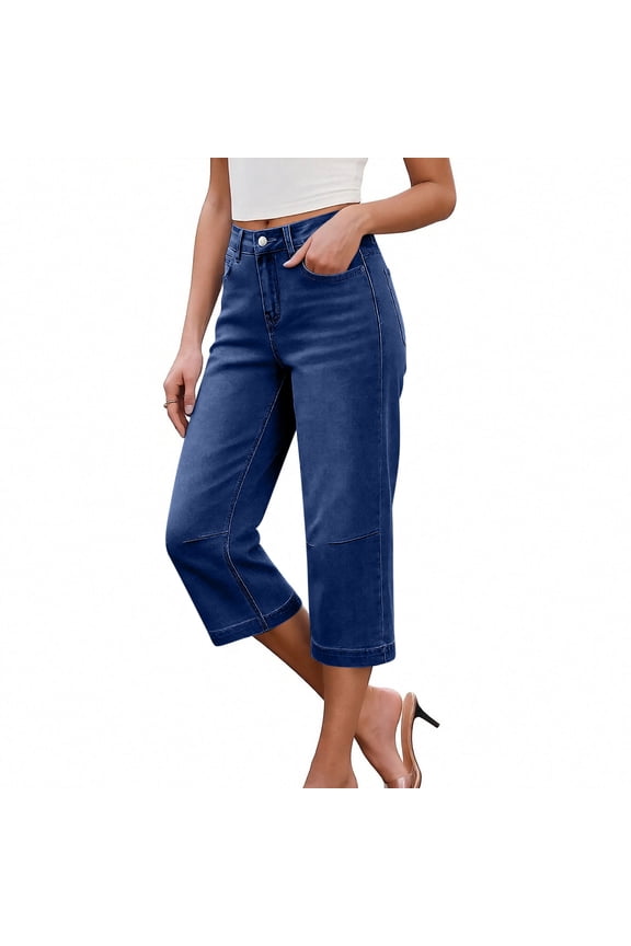 Women's Summer Straight Leg Capri Jeans with Pockets ,Solid Color Casual Denim Cropped Pants Dark Blue,Womens Plus L