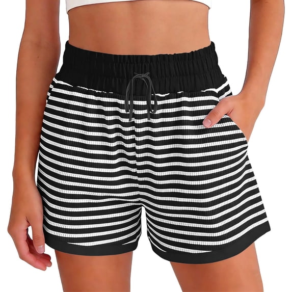 ClodeEU Women's Summer Striped Drawstring Shorts with Pockets,Casual Loose Fit Elastic Waist Bottoms Black,Womens Plus M