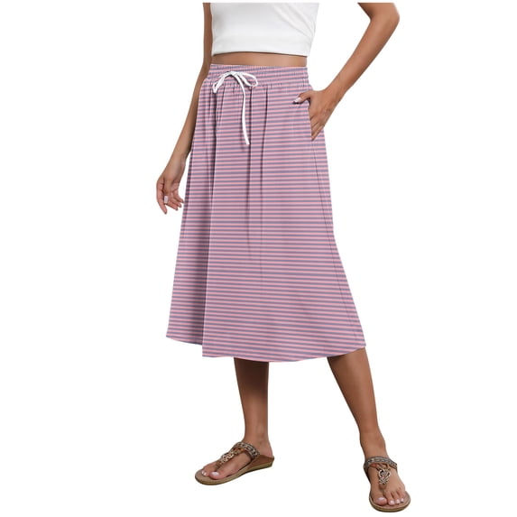 ClodeEU Women's Summer Striped Print Drawstring Skirt,Loose Casual Skirt with Pocket Pink,Womens Plus XXL