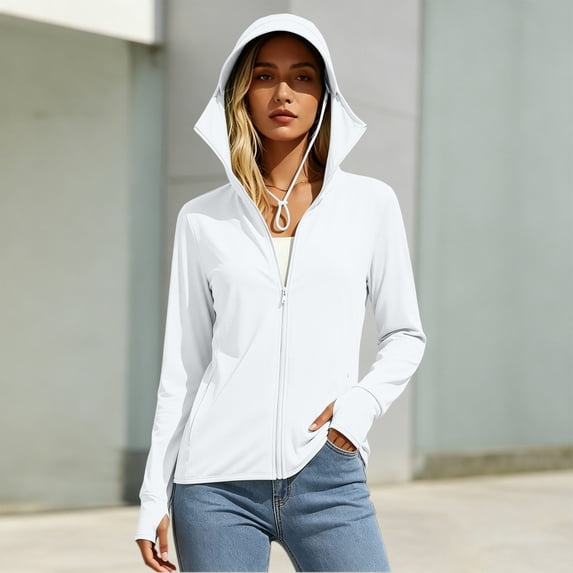 ClodeEU Women's Summer UPF 50+ Sun Protection Hooded Jacket,Long Sleeve Zip Up Outdoor UV Protection Athletic Top ,Women's Plus L
