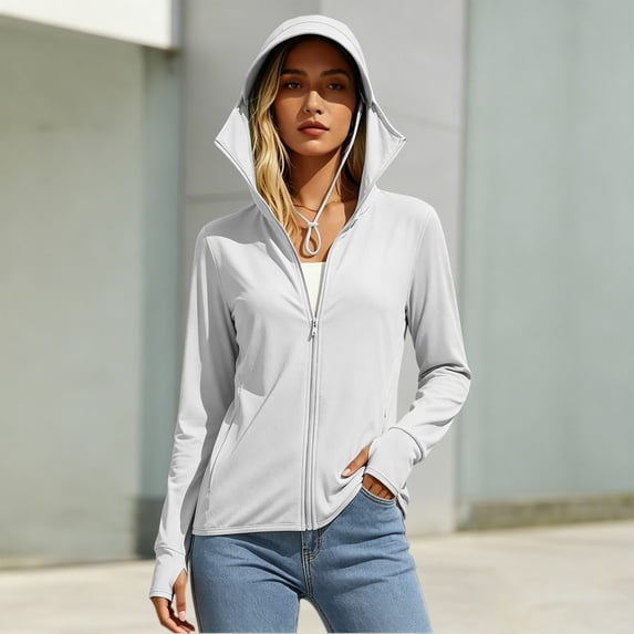 ClodeEU Women's Summer UPF 50+ Sun Protection Hooded Jacket,Long Sleeve Zip Up Outdoor UV Protection Athletic Top ,Women's Plus XL