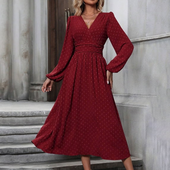 ClodeEU Women's Summer V-Neck Long Sleeve Maxi Dresses, Empire Waist Dress Lantern Sleeve Ruched Side Slit Elegant Maxi Dress Wine,Womens Plus S